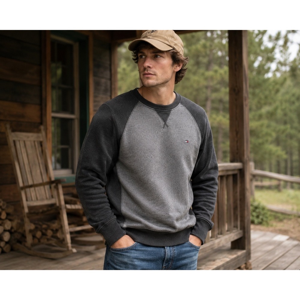 Tommy Hilfiger Mens XL Gray Charcoal Colorblock Raglan Crewneck Sweatshirt Y2K